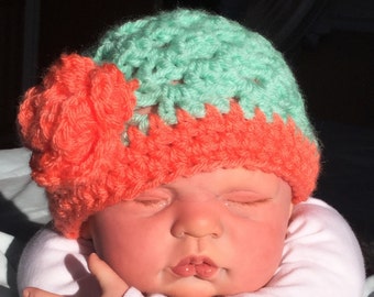 Flowered Baby Crochet Hat. photography prop, girls hat, crochet hat