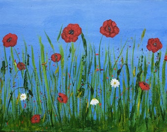 Poppies original acrylic painting, on canvas board, supplied unframed. great gift, floral art, flowers painting, wall art, Scottish Art