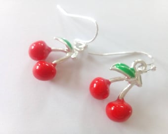 Silver cherry enamel possible mounting clips earrings