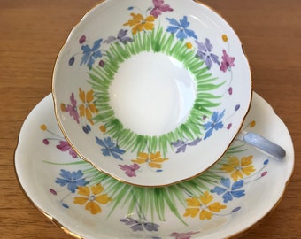 Royal Grafton Vintage Teacup and Saucer, Hand Painted Green Grass Pink Yellow Purple Blue Flower Tea Cup and Saucer, English China