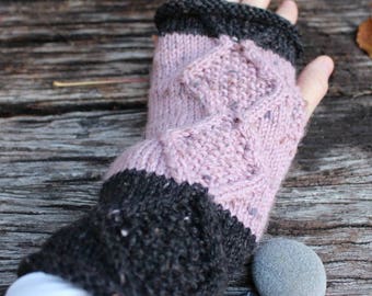 Knitted Fingerless Gloves. Pink and Grey Wristwarmers. Aran Diamond Gloves. Knitted Wristwarmers. Pink Armwarmers. Two Tone Gloves.
