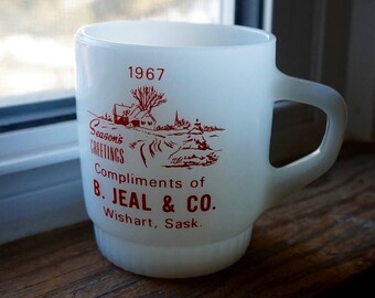 Fire King; Anchor Hocking; Glasbake; Advertizing Mug; Approx. 3.5"h x 2.5"w; Wishart Saskatchewan; 1967 !!!