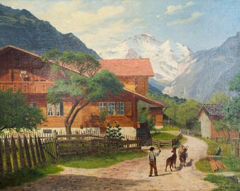 Vintage Original Signed I Keiser Oil Canvas Painting Agriculture Mountain Landscape 23" x 16"