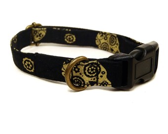 Sugar Skull - Black Gold Dia De Los Muertos Skulls Vintage Organic Cotton CAT Collar - All Antique Metal Hardware