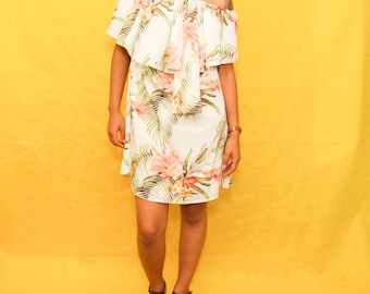 Hawaiian Island Off the Shoulder Floral Print Dress with Ascot
