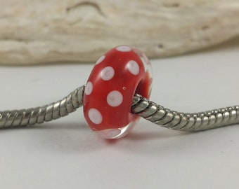 Lampwork Big Hole Bead - Lampwork Charm - Glass Charm for Bracelets- Red with White Polka Dots