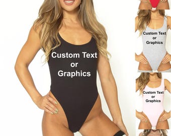 Custom Text Graphics - Women's Rib Knit Thong Leotard - Coachella Rave Bodysuit - One Piece - Tank Top