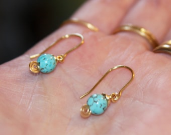 Tiny Turquoise Dangle Earrings, Organic Jewelry, Brass, Silver, 14k Gold Filled Earrings, Turquoise Earrings, Gifts for Her