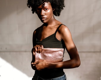 JANE Rose gold Leather Clutch. Metallic Rose gold Leather Cosmetic Bag . Rosegold Leather Pouch. Metallic Makeup Bag