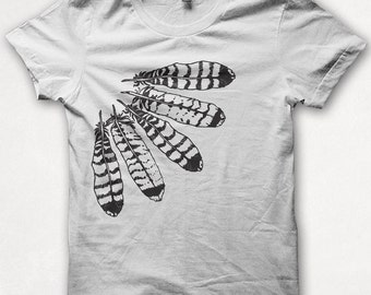 Womens Tshirt, Graphic Tee, Feather Shirt, Hawk Feathers, Forest and Fin, Screenprint - White