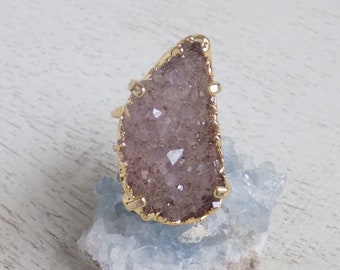 Gift Women, Druzy Ring, Natural Druzy Ring, Amethyst Ring, Large Crystal Ring, Boho Ring, Adjustable Ring, Gold Statement Ring 10-1176
