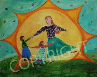 Sunburst print , dancing family, vibant colours,