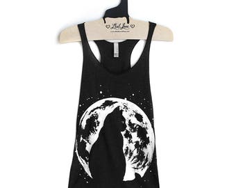SALE S - Tri-Blend Black Racerback Tank with Cat Moon Screen Print