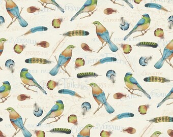 Bird Fabric - Birds & Feathers by David Textiles 3560 4C Cream - 1/2 yard