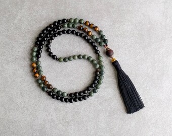 Tigers Eye Mala with Serpentine & Bodhi Seed - Mala Beads - Grounding - 108 Prayer Beads - Daily Meditation - Mindfulness - Item #966