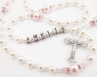 Personalized Baptism Gift Rosary in White and Pink Swarovski Pearl - Catholic Gift for a Baby Girl - First Communion, Confirmation