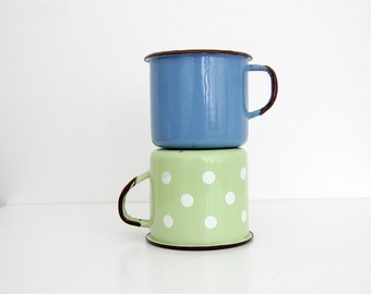 Vintage enamel mugs // Blue Green Polka Dot // Set of two