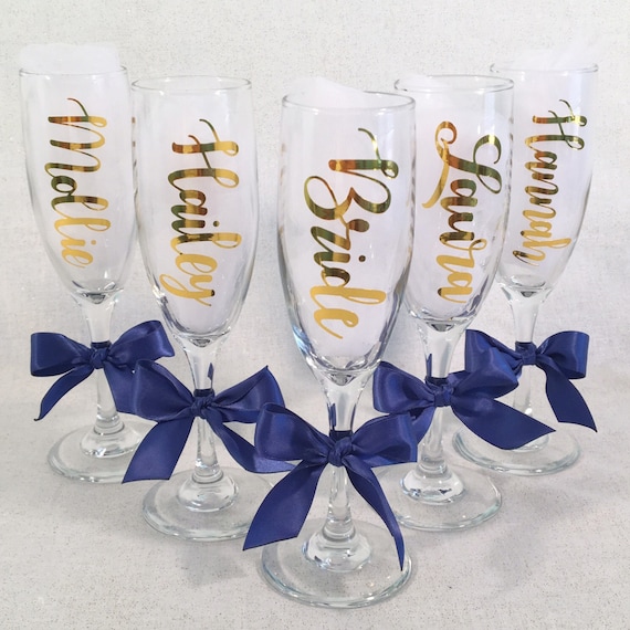 Personalized Champagne Flutes Metallic Calligraphy