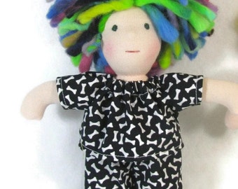 8 in Waldorf pajamas in black and white bones print for thin doll, ready to ship doll pajamas