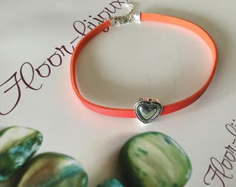 Red synthetic leather Choker silver metal heart