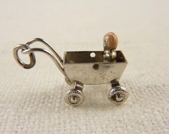 Antique Sterling Painted Baby Carriage Charm with Moveable Wheels