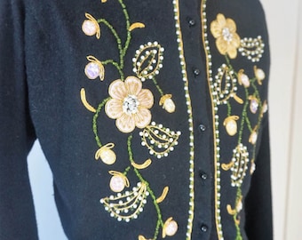 Stunning 1960s Black Cardigan Sweater w Gorgeous Beading and Embroidery