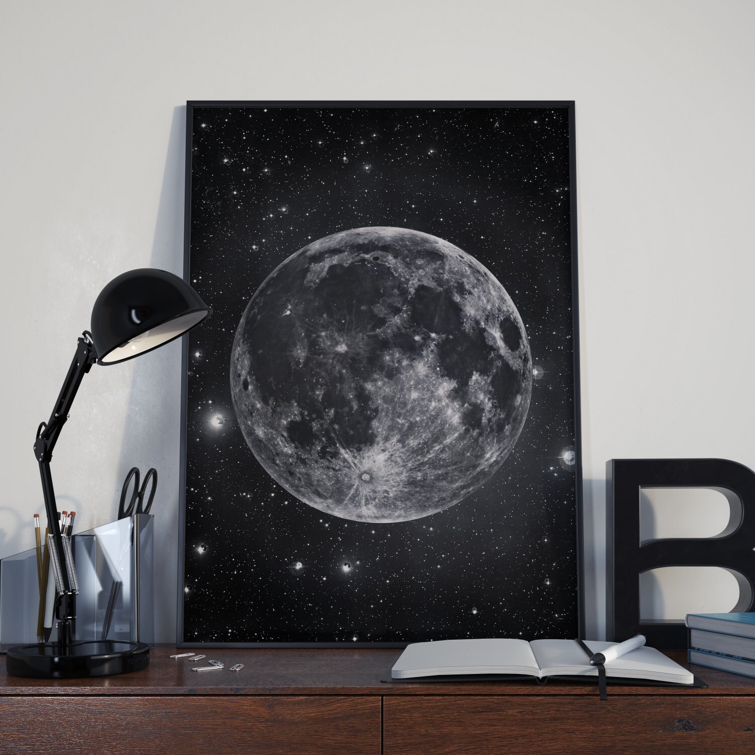 Moon and stars Full moon art print Astronomy poster Black