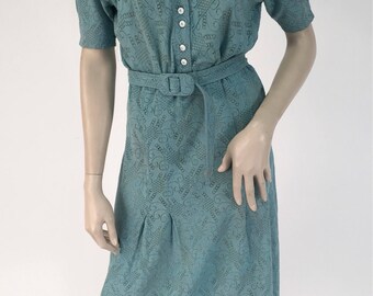 Vintage Late 1930s Early 1950s Turquoise Dress w Matching Belt Med/Lg