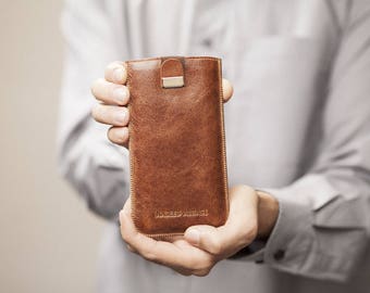 Case for Nokia 8 6 5 with Magnetic Flap. Engraved Your Name. Genuine Brown Leather Sleeve Cover Pouch