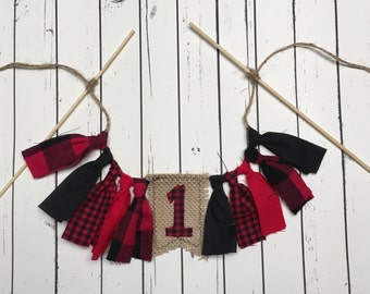 SALE Cake Topper Lumberjack Woodland Mini Rag Tie Cake Topper Red Buffalo Plaid Birthday Cake Banner First Birthday Cake Banner