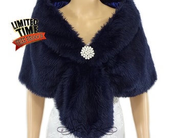 Faux Fur Stole, Navy Blue Faux Fur Wrap, Bridal Shrug, Fur Shawl, Faux Fur Shrug, Wedding Stole, Bridal Fur Wrap, Bridal Stole FS108-NBLUE