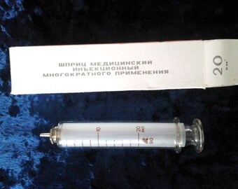 Vintage Soviet Medical Glass Syringe 20 ml in box, USSR 1980s