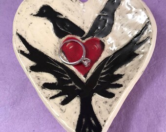 Clay Heart Ring Dish or Spoon Rest with Crows and Heart