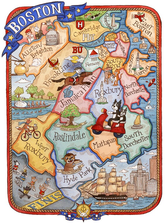 Boston Massachusetts Neighborhood Map Art Print 8 x