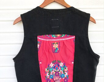 Mexican Embroidered Black Denim Vest - Denim - Patched - Upcycled Vest - Size Medium