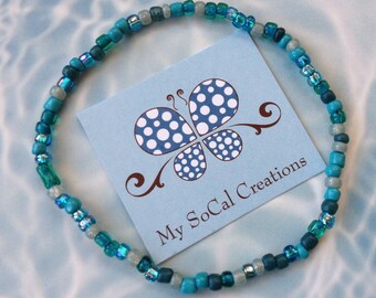 Turquoise & Teals Beaded Boho Bracelet-Boho Chic-Single Strand Bracelet-Stackable
