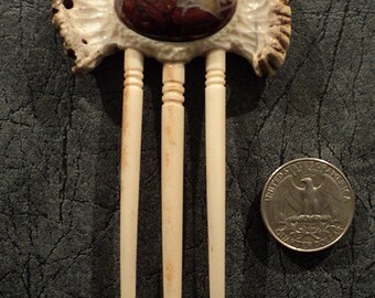 Antler Hair Pin Flower-Hair accessories-Decorating a hippie-Bone carving-real Deer horn-Carved Antler-hair fork-jasper-semiprecious stone