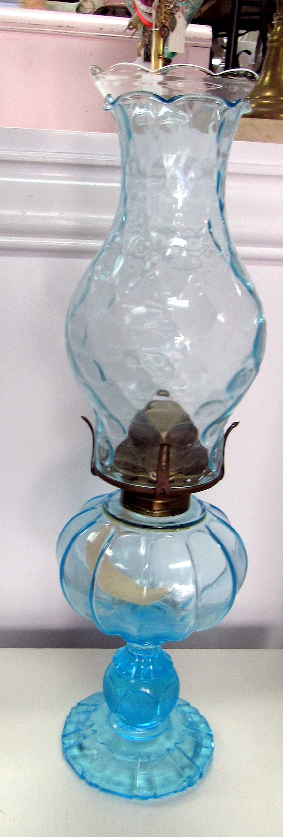 Antique blue oil lamp hurricane lamp pressed glass