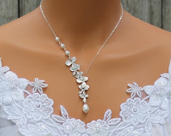 Silver Orchid Necklace, Cascade Orchid Necklace, Wedding Gift, Bridesmaid, Bridal Jewelry, Orchid Flower, Anniversary