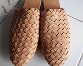 Womens Leather Loafers Leather Mules Woven Leather Shoes Ladies