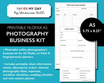 A5 Filofax Photography Business Kit - Printable Photography Planner Kit for Filofax and Kikki K Large Planners