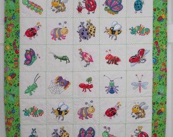 Machine Embroidered Baby Quilt, Crib Quilt, Baby Blanket, Handmade Baby Quilt - Cute Bugs - Get Buggy - approx 36" x 42"