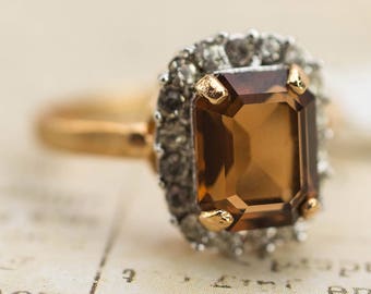 Vintage 18k Yellow Gold Plated Ring with Topaz and Clear Swarovski Crystals November Birthstone #R1059