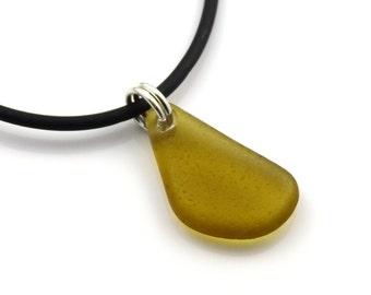 Deep Citron Sea Glass Necklace On Rubber and Sterling Silver Necklace