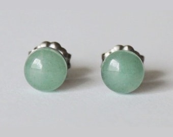6mm Green Aventurine Studs, hypoallergenic Titanium earring, Cabochon Gemstone post studs, for sensitive ears, Green earrings, Green studs