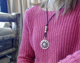 sun necklace, long leather necklace, boho necklace, hippie necklace, ethnique necklace, rustic necklace, nordic necklace, handmade necklace,
