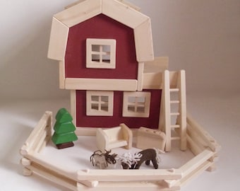 Made to order, Wooden Toy Barn, Wood Play Farm, Handknitted Horses, Gender Neutral, Kids Waldorf Barnyard Birthday Gift, Jacobs Wooden Toys