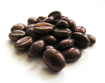 Olive Green Czech Glass Coffee Bean Beads with Metallic Purple Finish, 11mm x 8mm - 30 pieces