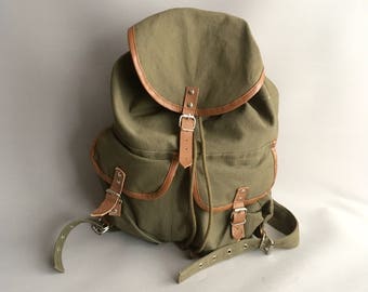 Canvas and Leather khaki green rucksack / backpack