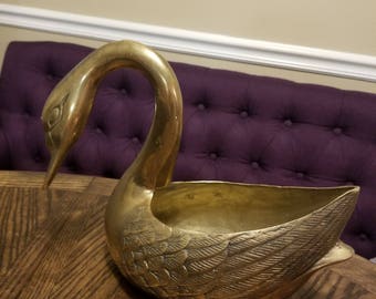 Vintage Solid Brass Swan Planter 10" X 11"